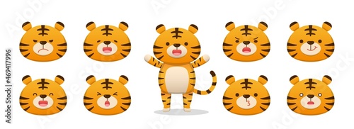 9 cute tiger characters with emoticons, characters, mascots, cartoon characters, comic characters, vector set