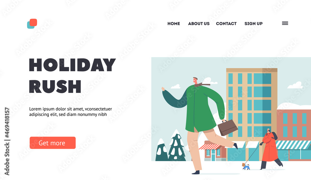 Holiday Rush Landing Page Template. Cityscape, Winter City Street. Characters Walk under Fall Snow. Mother with Stroller