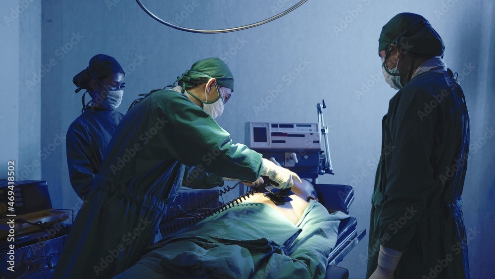 Defibrillation cardiac dysrhythmia, Surgical doctor team performing surgery patient on operating