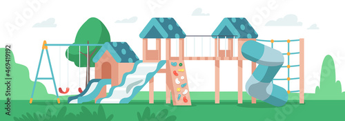 Kindergarten Play Ground With Slides on Green Lawn. Kids Playground in Summer Park, Garden or Backyard Landscape