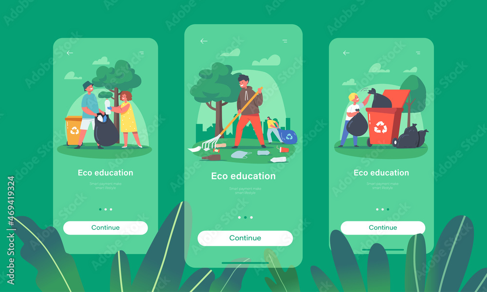 Obraz premium Eco Education Mobile App Page Onboard Screen Template. Children Cleaning Garden. Ecology Protection, Volunteers