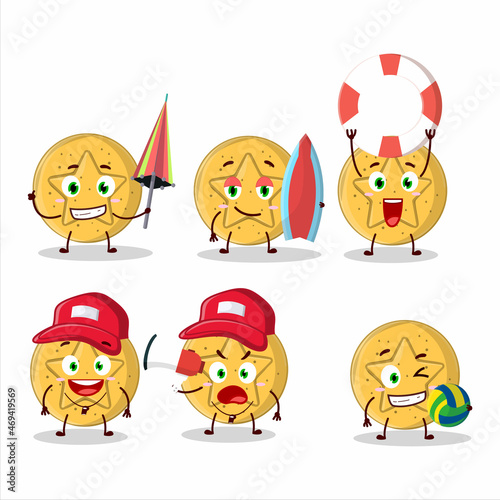 Happy Face dalgona candy star cartoon character playing on a beach