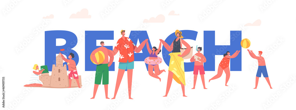 Happy Family Characters on Summer Beach Concept. Mother, Father, Daughter and Son Characters Building Sand Castle Happy Family Characters on Summer Beach Concept. Mother, Father, Daughter and Son Characters Building Sand Castle