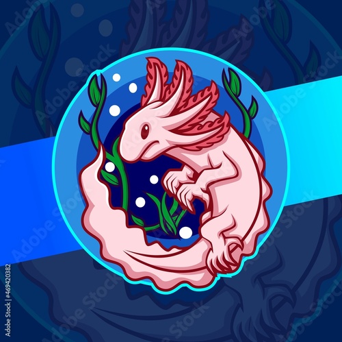 axolotl fish mascot character logo design with circle water for sport pet and logo