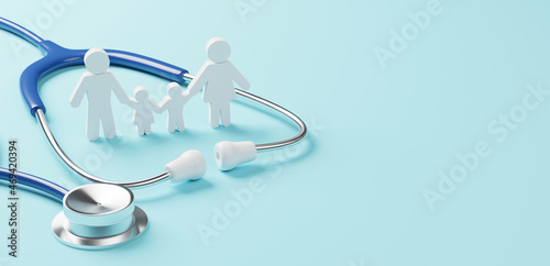 Top view of medical stethoscope and icon family on cyan background. Health care insurance concept. 3d rendering photo