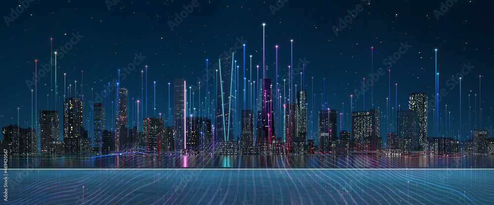 Smart city and abstract dot point connect with gradient line, big data connection technology concept. 3d rendering - obrazy, fototapety, plakaty 