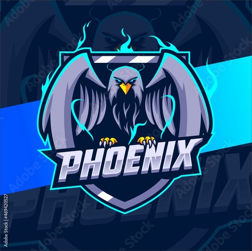 phoenix eagle bird with blue fire mascot character esport design for gamer team and sport logo design