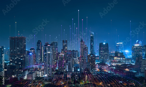 Smart city and abstract dot point connect with gradient line, big data connection technology concept. photo