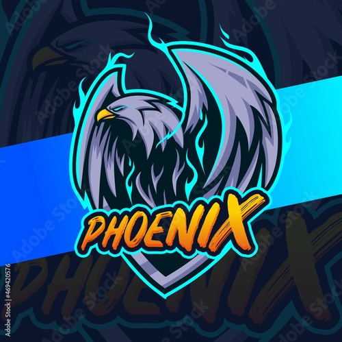 flying phoenix eagle bird with blue fire mascot character esport design for gamer team and sport logo design