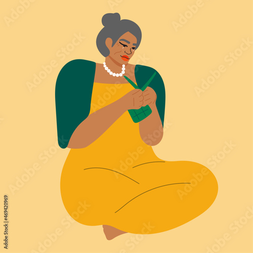 Illustration of island woman weaving with palm leaf