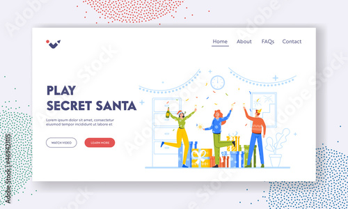 Play Secret Santa Landing Page Template. Xmas Celebration in Office, Happy Business People Christmas and New Year Party