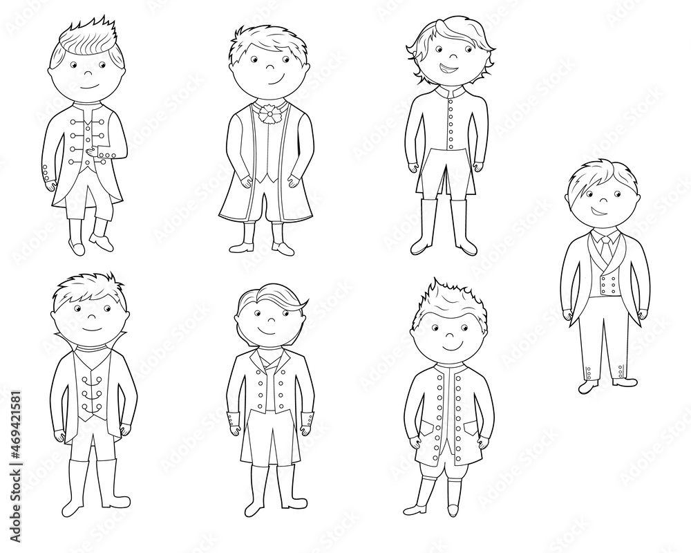 coloring book, cute prince, boy in fancy dress. vector illustration isolated on a white background coloring book, cute prince, boy in fancy dress. vector illustration isolated on a white background
