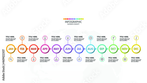 Timeline infographic with month or 12 steps, process or options, process chart, Used for process diagram, presentations, workflow layout, flow chart, infograph. Vector eps10 illustration.