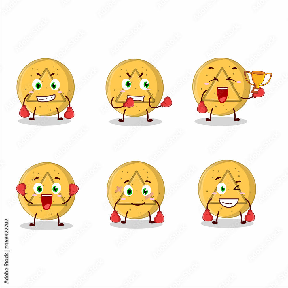 A sporty dalgona candy triangle boxing athlete cartoon mascot design A sporty dalgona candy triangle boxing athlete cartoon mascot design