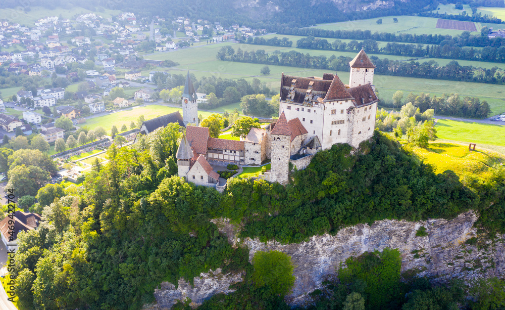 Aerial view of picturesque summer landscape with Gutenberg Castle in town of Balzers, Principality of Liechtenstein
