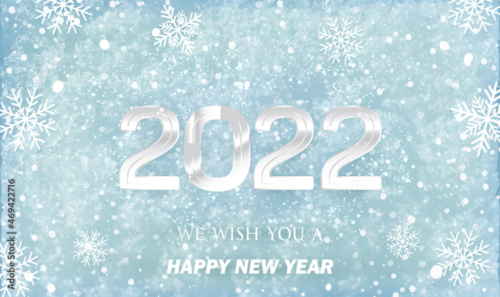 Happy New Year 2022 card template with decorative snow and snowflakes. We wish you a Happy New Year. For invitation card, Merry Christmas, Happy new Year, greeting cards, poster or web. Vector EPS10 Happy New Year 2022 card template with decorative snow and snowflakes. We wish you a Happy New Year. For invitation card, Merry Christmas, Happy new Year, greeting cards, poster or web. Vector EPS10