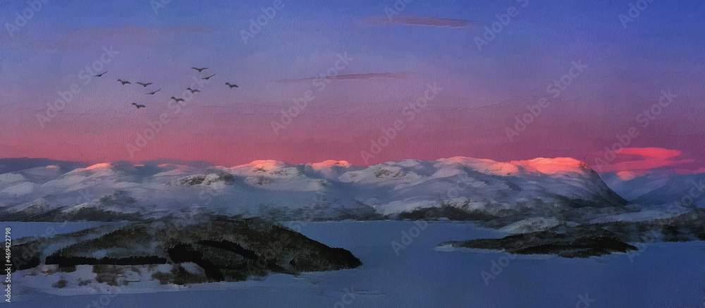 Panoramic view of the snow-capped mountains. Evening time. Artistic work