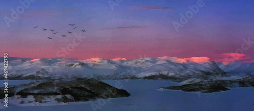 Panoramic view of the snow-capped mountains. Evening time. Artistic work © Black Morion