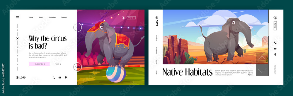 Naklejka premium Banners of native habitats and problem of animal circus. Vector landing pages with happy elephant walking in african savannah and sad one standing on ball on circus arena