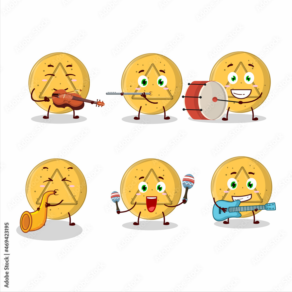 Cartoon character of dalgona candy triangle playing some musical instruments Cartoon character of dalgona candy triangle playing some musical instruments