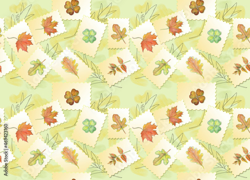 Decorative background with colorful leaves on postcards. Autumn in pastel colors. Patterns are created from randomly scattered postcards.
