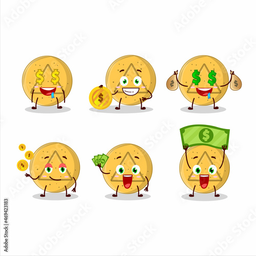 Fototapeta Naklejka Na Ścianę i Meble -  Dalgona candy triangle cartoon character with cute emoticon bring money
