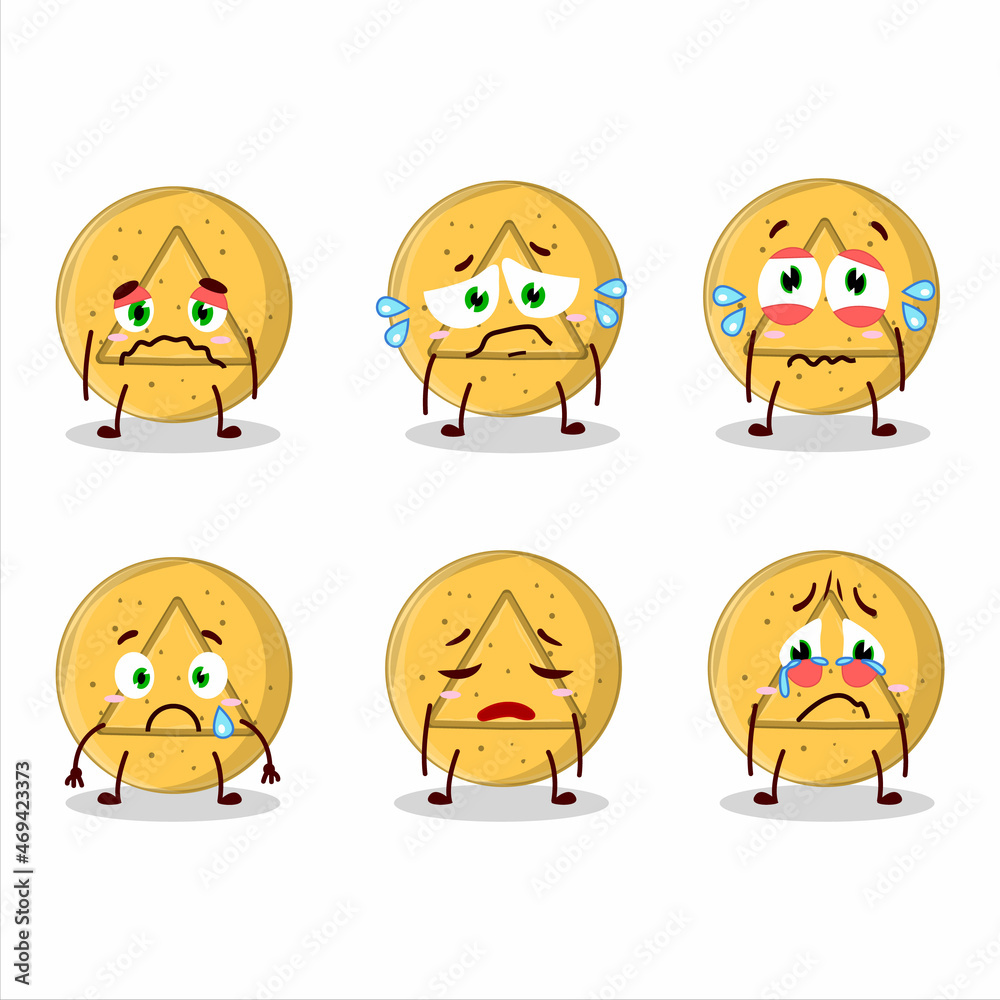Dalgona candy triangle cartoon character with sad expression Dalgona candy triangle cartoon character with sad expression