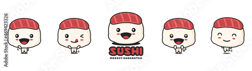 cute sushi cartoon mascot illustration, with different facial expressions and poses