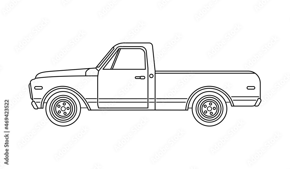 Black outline arge old retro pickup truck on white background. Vector flat vintage transport suv car