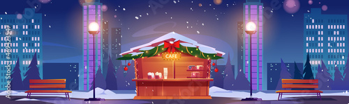 Street cafe with christmas decor at winter night cityscape background with skyscrapers. Outdoor cafeteria stall on sidewalk with lamps and benches. Coffee shop in town park Cartoon vector illustration