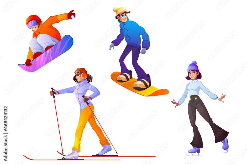 People engage winter sport. Happy men and women in warm clothes riding snowboard, walk by skis and skates. Cartoon characters wintertime season active recreation, activity entertainment, vector set