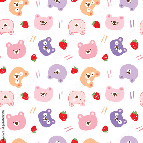 Seamless Pattern of Cartoon Bear Face and Strawberry Design on White Background