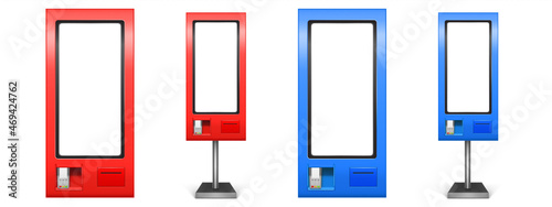 Self order kiosk realistic 3d vector mockup. Vending machines with sensor panel and pos terminal for payment. Innovative self service counter device. Restaurant interactive wall or floor stands set