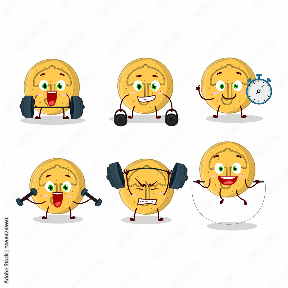 A healthy dalgona candy umbrella cartoon style trying some tools on Fitness center A healthy dalgona candy umbrella cartoon style trying some tools on Fitness center