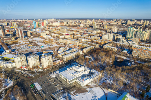 Yekaterinburg aerial panoramic view at Winter in sunny day. Ekaterinburg is the fourth largest city in Russia located in the Eurasian continent on the border of Europe and Asia.