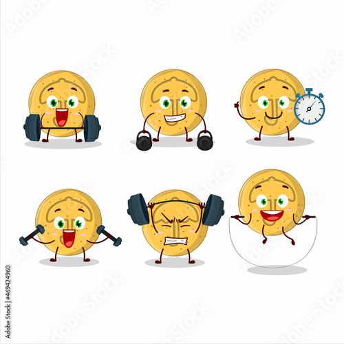 A healthy dalgona candy umbrella cartoon style trying some tools on Fitness center
