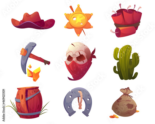 Set of wild west icons cowboy hat, sheriff star label, dynamite and pickaxe, skull in mask, cactus and broken wooden barrel, horseshoe on rope and sack with gold coins, Cartoon vector illustration