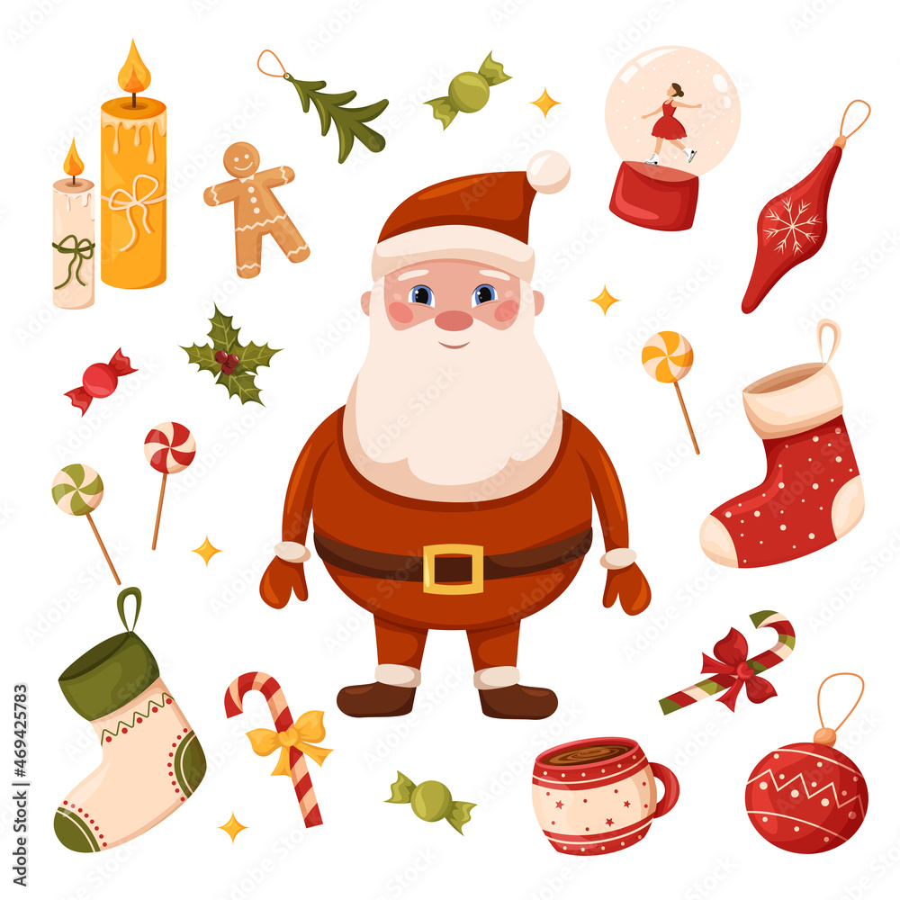 Naklejka premium A set of Christmas items, Santa Claus