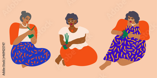 Illustration set of senior women weaving with palm leaves photo