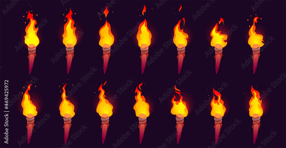 Burning fire on old wooden torch isolated on black background. Vector cartoon animation sprite sheet with sequence of yellow and orange flame on ancient wood torch