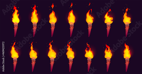 Burning fire on old wooden torch isolated on black background. Vector cartoon animation sprite sheet with sequence of yellow and orange flame on ancient wood torch