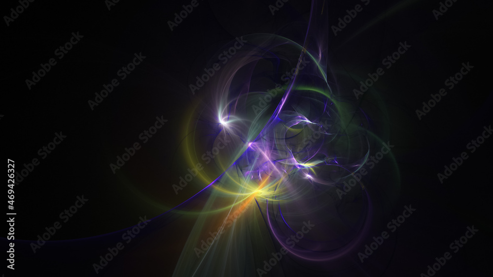Abstract colorful yellow and violet glowing shapes. Fantasy light background. Digital fractal art. 3d rendering.
