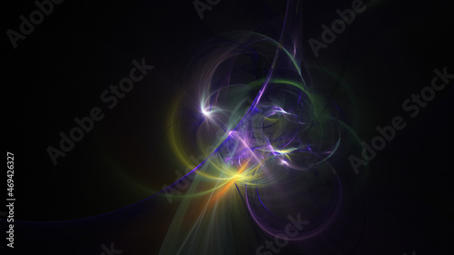 Abstract colorful yellow and violet glowing shapes. Fantasy light background. Digital fractal art. 3d rendering.