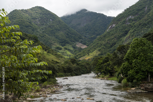 View of nature in Sana  Maca    mountainous region of Rio de Janeiro. Photo of the river with mountains around at the entrance to the city