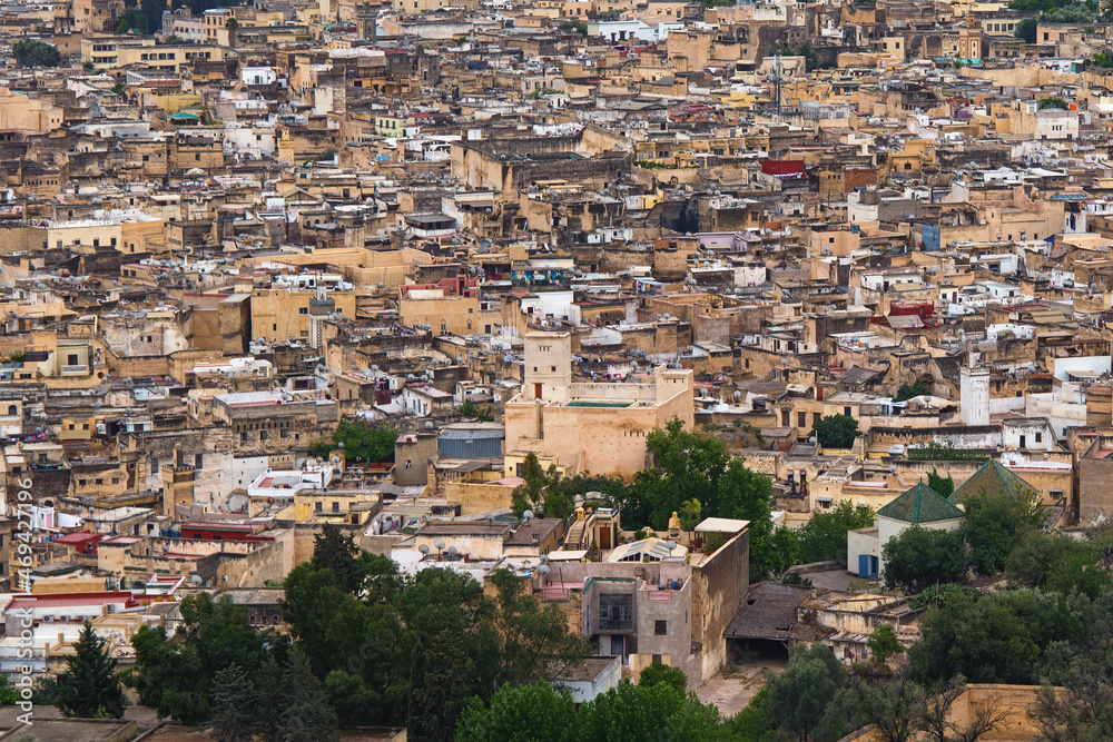 Aerial view of the Fez el Bali medina. Is the oldest walled part of Fez, Morocco. Fes el Bali was founded as the capital of the Idrisid dynasty between 789 and 808 AD