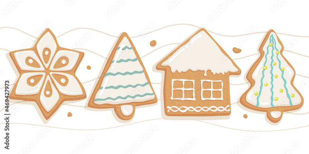 Set of Christmas gingerbread cookies. Gingerbreads in the form of Christmas trees, stars and a gingerbread house. Vector illustration.