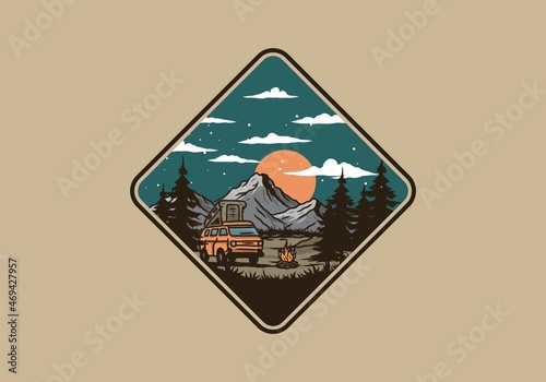 Night mountain camper van illustration drawing