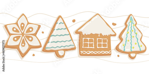 Set of Christmas gingerbread cookies. Gingerbreads in the form of Christmas trees, stars and a gingerbread house. Vector illustration.