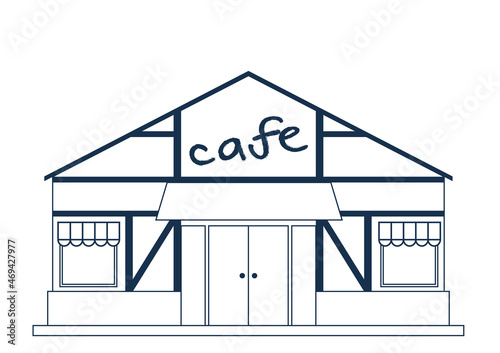 シンプルな1色白黒の線画のお店のイラスト　アットホームなカフェ珈琲店の建物のイラスト