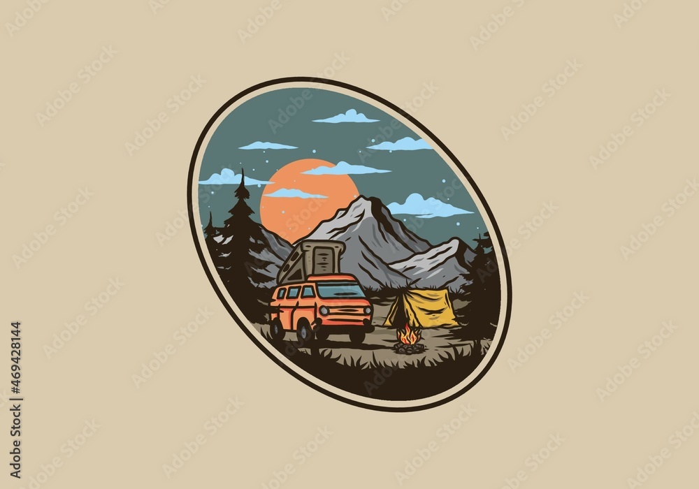 Night mountain camper van illustration drawing
